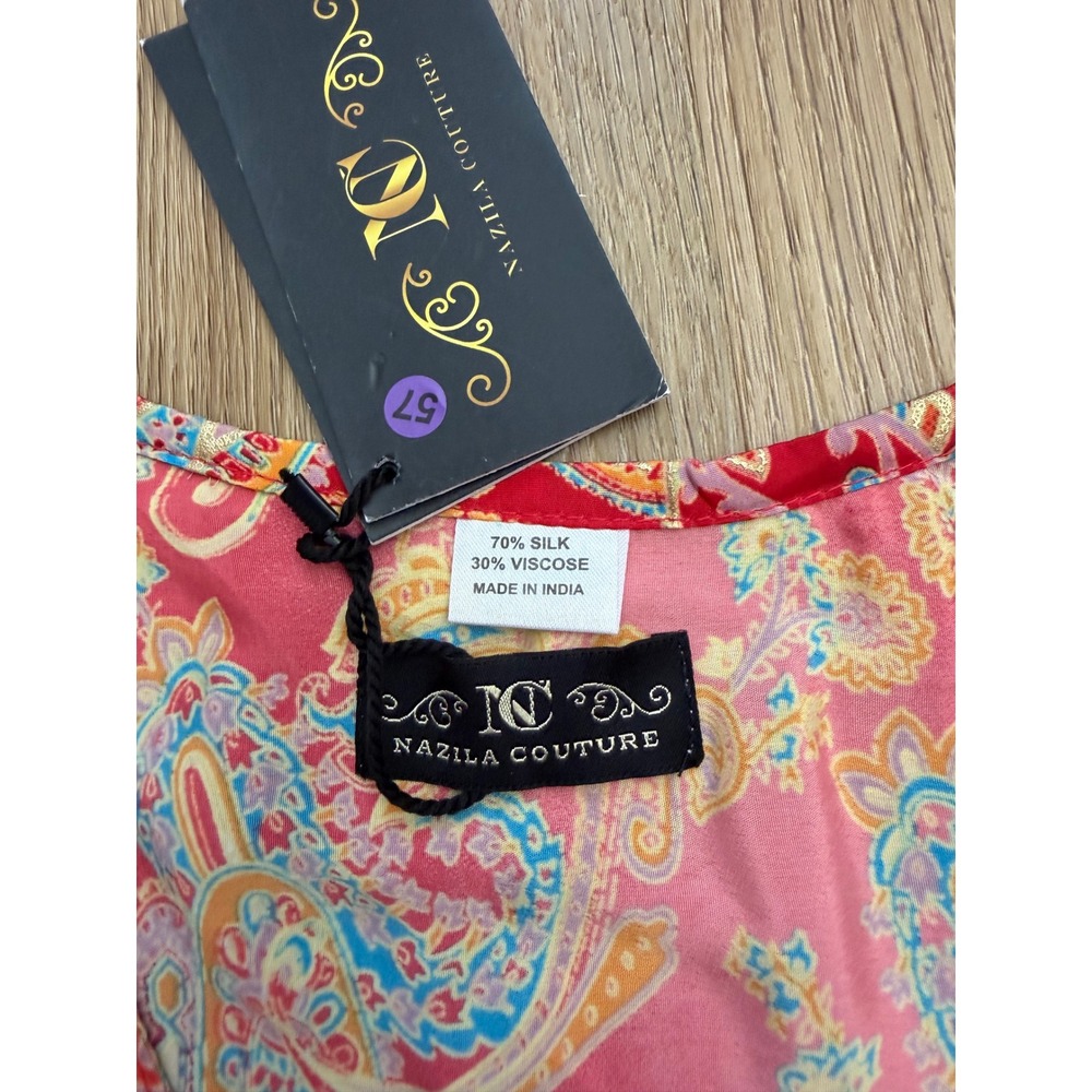 Silk Blend Patchwork Boho Fairy Bell Sleeve tunic mini dress L/XL whimsy paisley - Picture 5 of 7